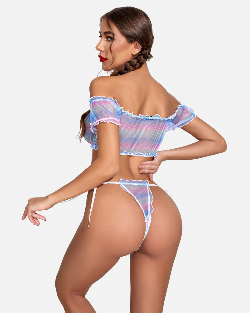 PRAIRYNA Floral Mesh Ruffle Lingerie Set