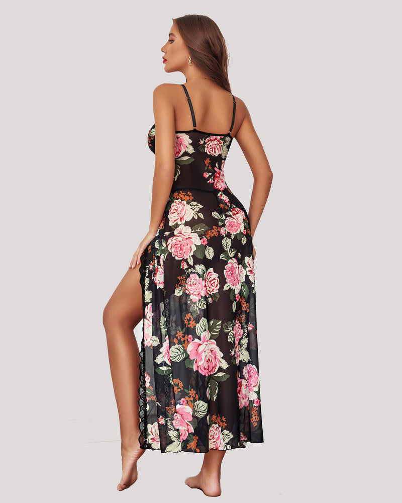ARDELUNE Lace Mesh Side Split Nightgown