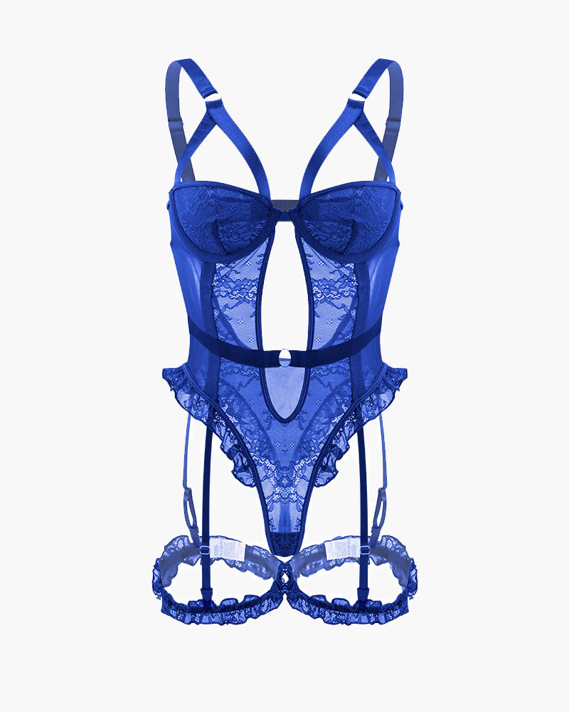 ORVESSA Backless Lace Garter Teddy With Leg Rings