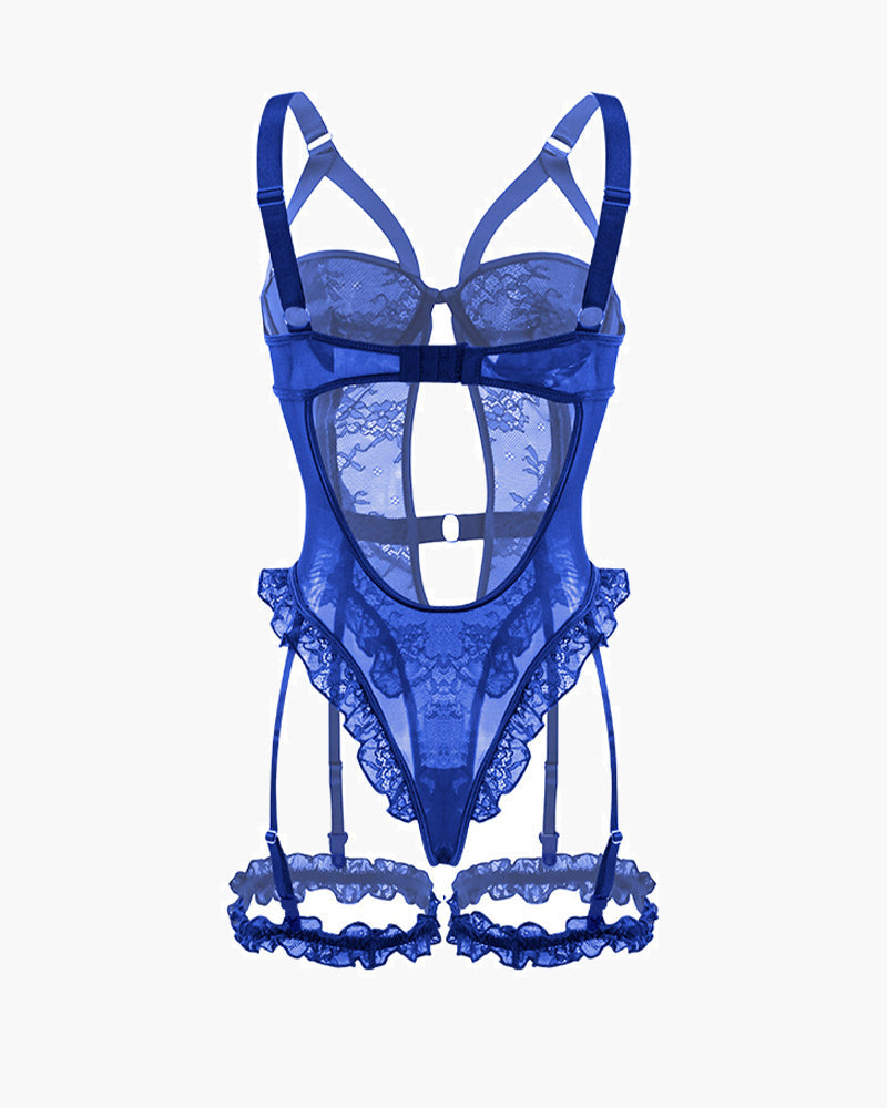 ORVESSA Backless Lace Garter Teddy With Leg Rings