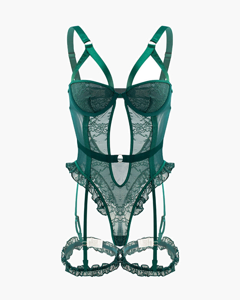 ORVESSA Backless Lace Garter Teddy With Leg Rings
