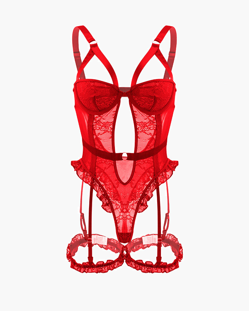 ORVESSA Backless Lace Garter Teddy With Leg Rings