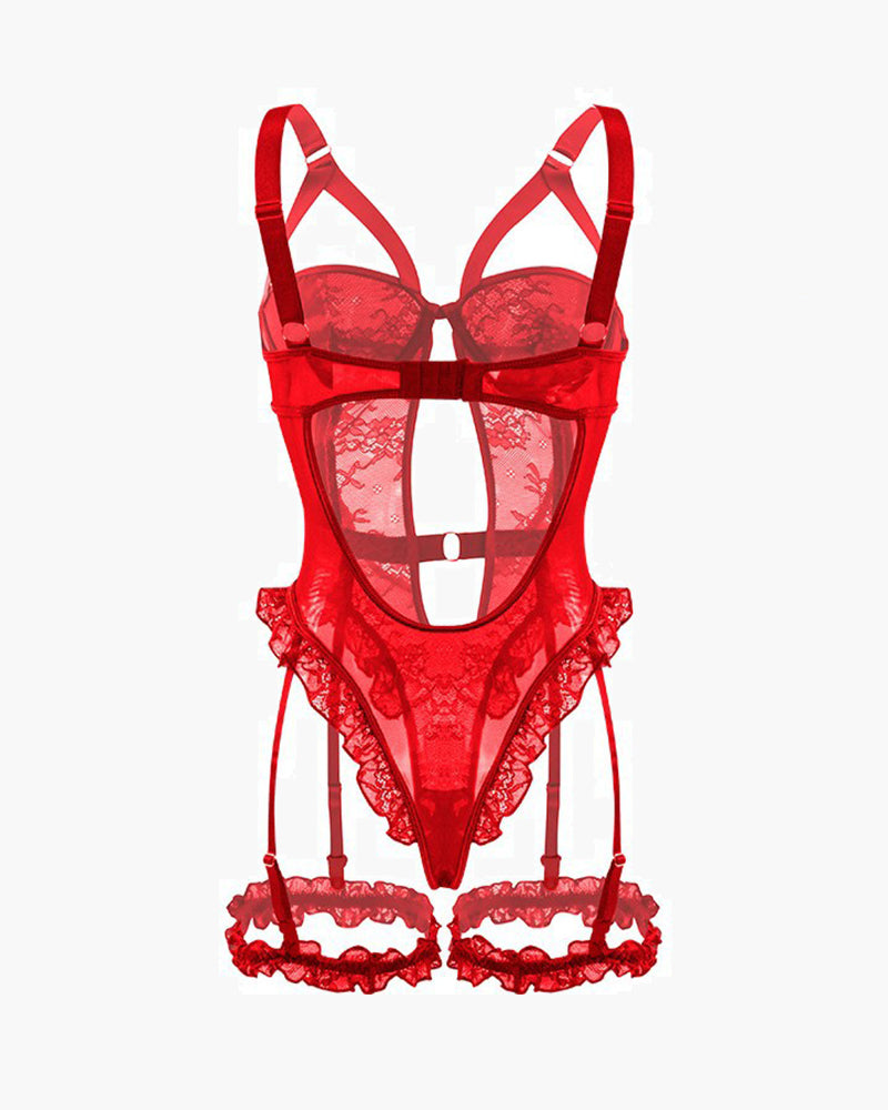 ORVESSA Backless Lace Garter Teddy With Leg Rings