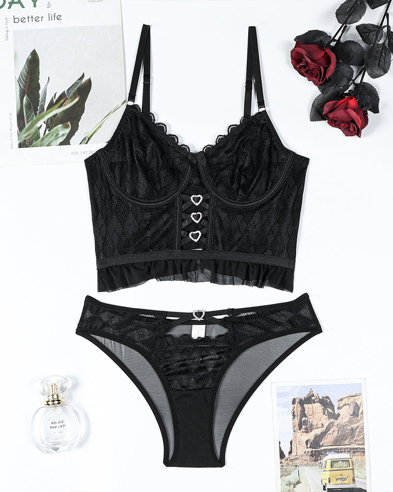 ZIRELIS Lace Cross Heart Bra Set
