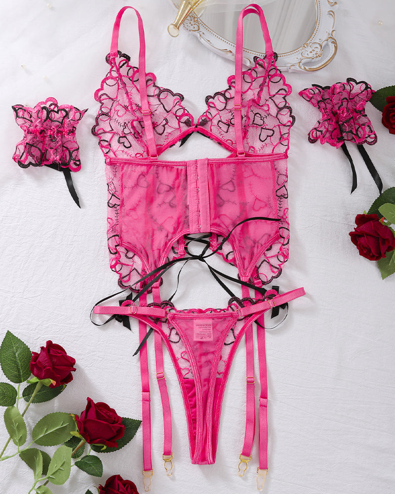 FAEVONA Thin Strappy Heart Embroidered Bra Sets