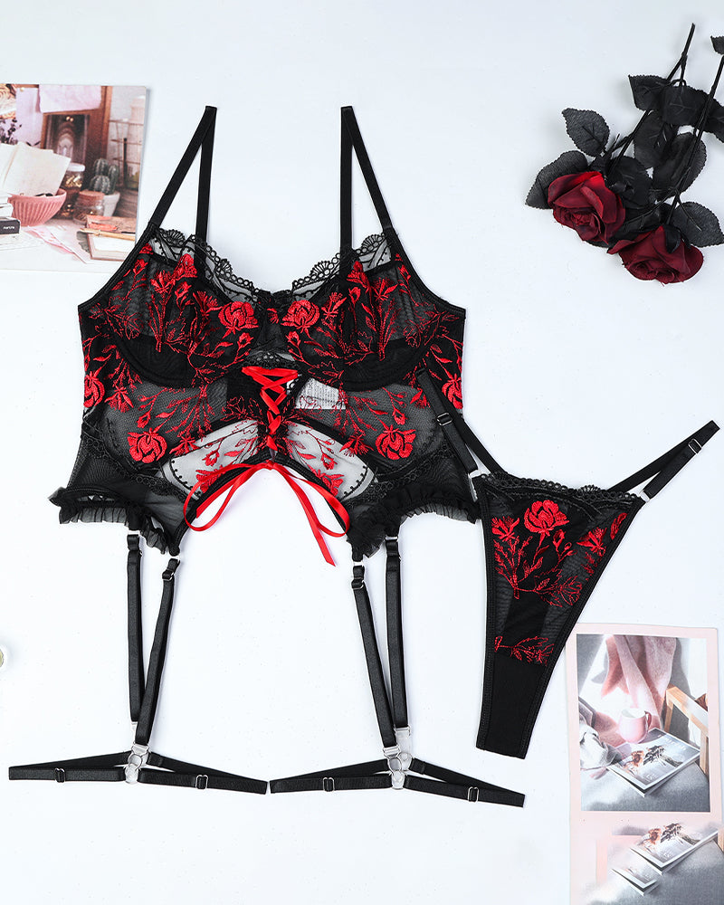 LIVERRA Flower Embroidered Cross-Strap Set