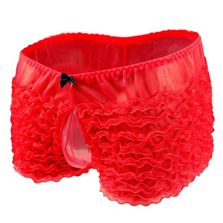 Men's high-waist sexy underwear mesh lace boxer briefs frills pants bow sexy transvestite style - Baby Boxx Lingerie