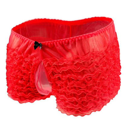 Men's high-waist sexy underwear mesh lace boxer briefs frills pants bow sexy transvestite style - Baby Boxx Lingerie