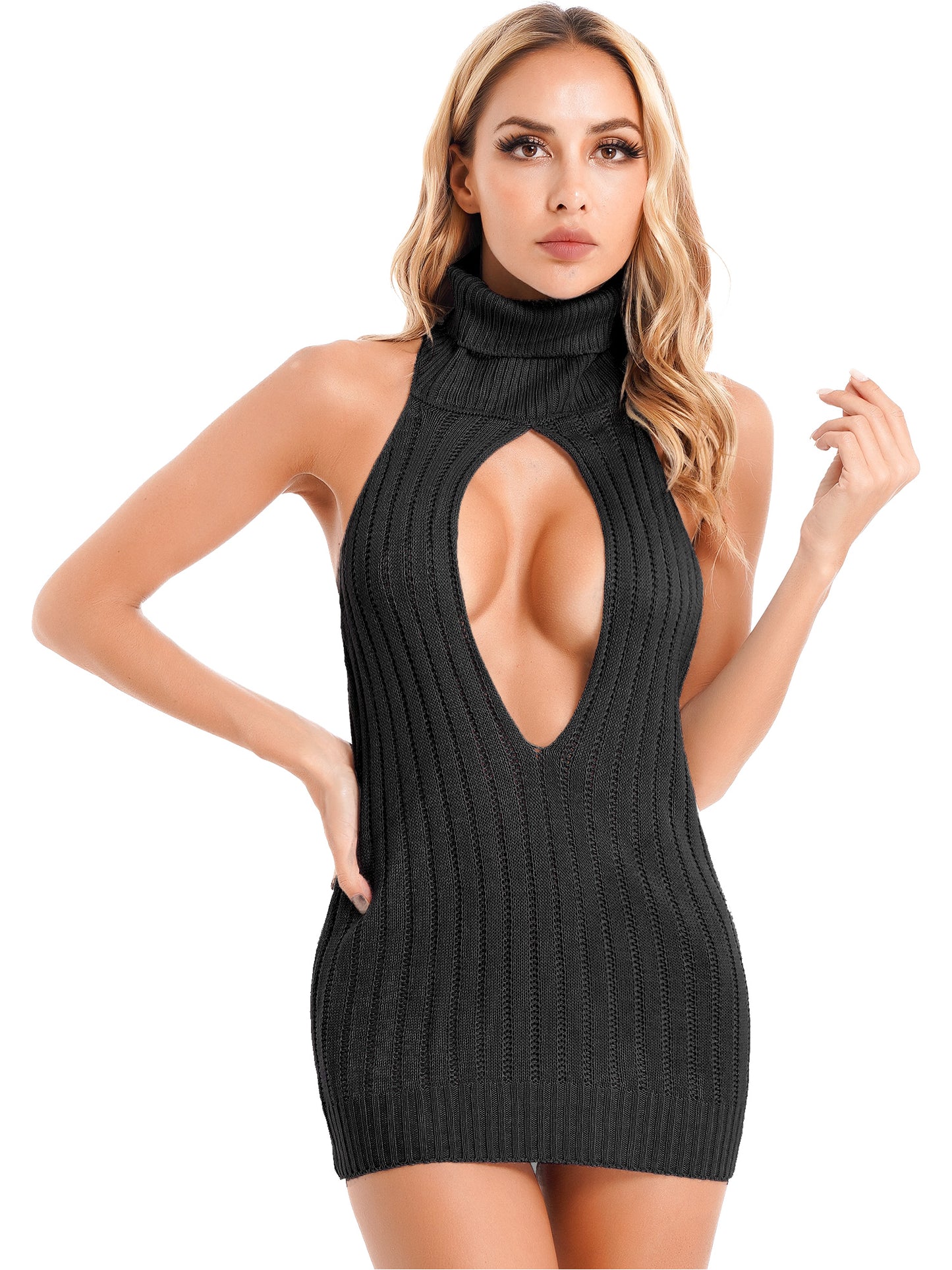 FancyStar™ Backless Crochet Turtleneck Sweater Dress HEMSPTT135