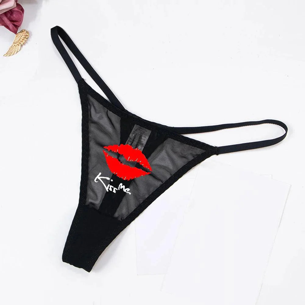Seductive Temptation: Mesh Mouth & Letter Print Lick Me Thong