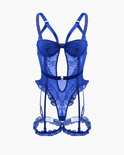 ORVESSA Backless Lace Garter Teddy With Leg Rings