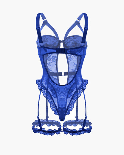 ORVESSA Backless Lace Garter Teddy With Leg Rings