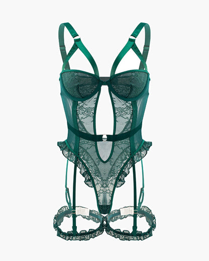 ORVESSA Backless Lace Garter Teddy With Leg Rings