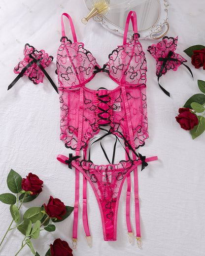 FAEVONA Thin Strappy Heart Embroidered Bra Sets