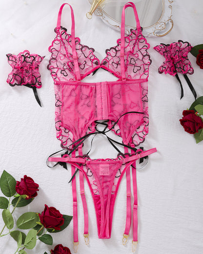 FAEVONA Thin Strappy Heart Embroidered Bra Sets