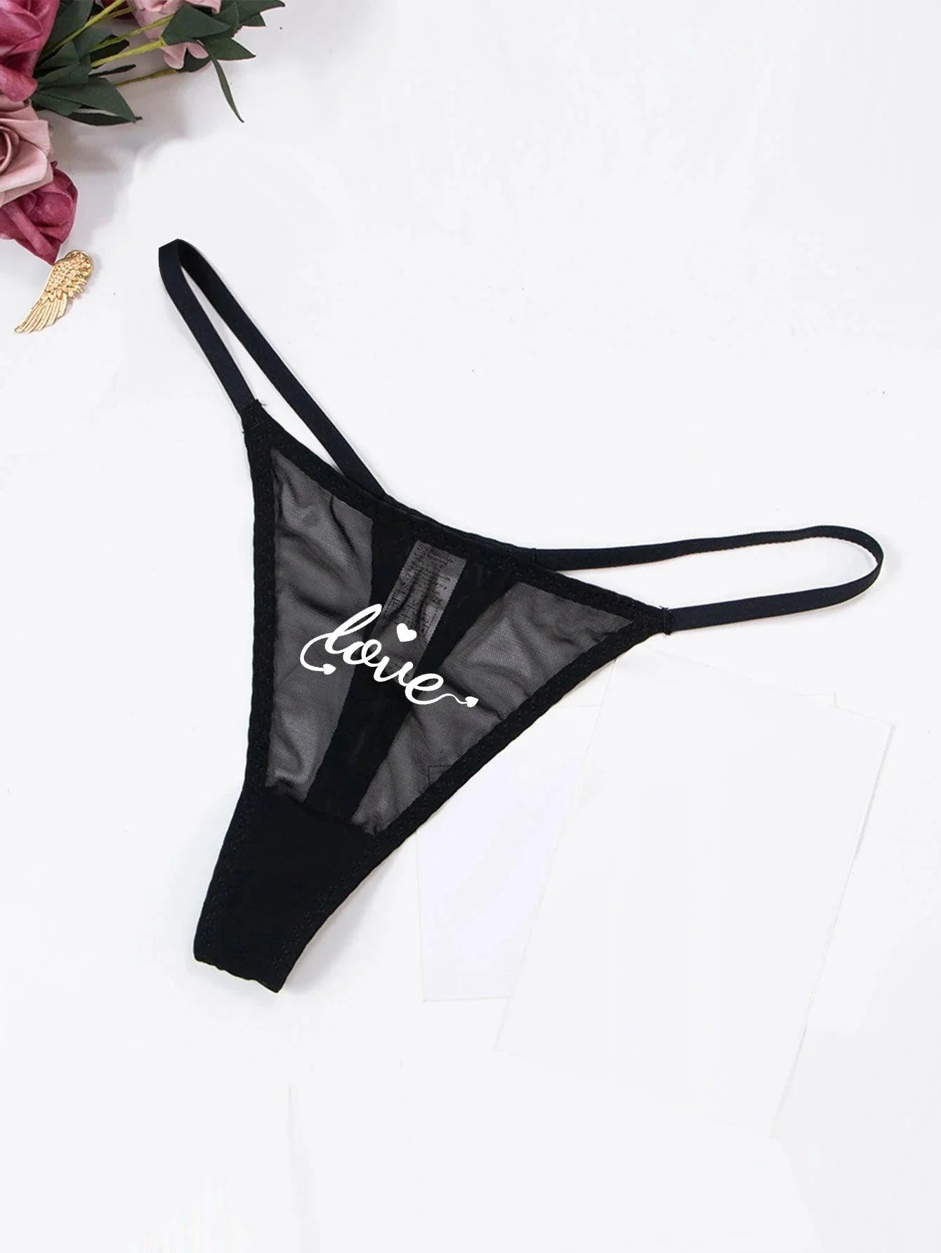 Seductive Temptation: Mesh Mouth & Letter Print Lick Me Thong